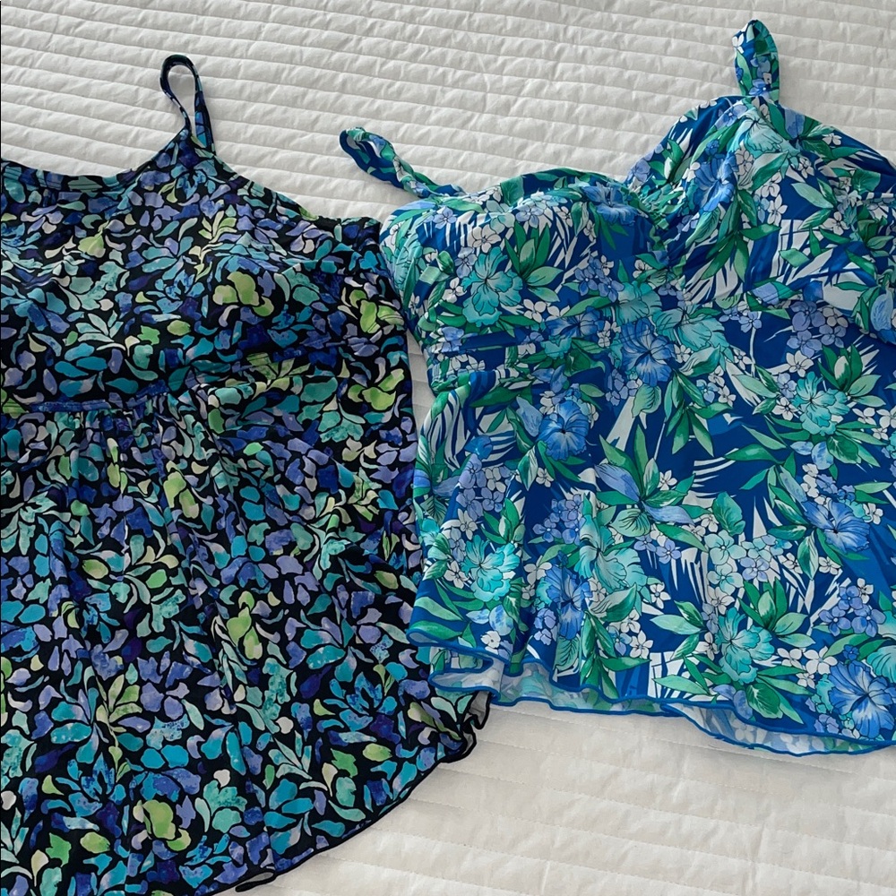 Blue & Teal Floral Swim Tankinis - Women's Adjustable Straps